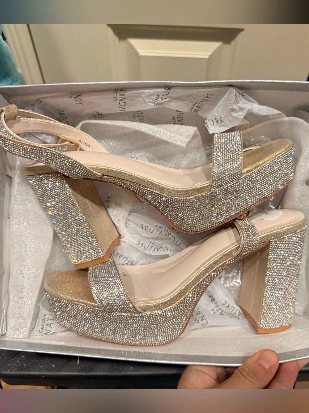 Galina Signature Champagne Rhinestone Platform Block Heels
